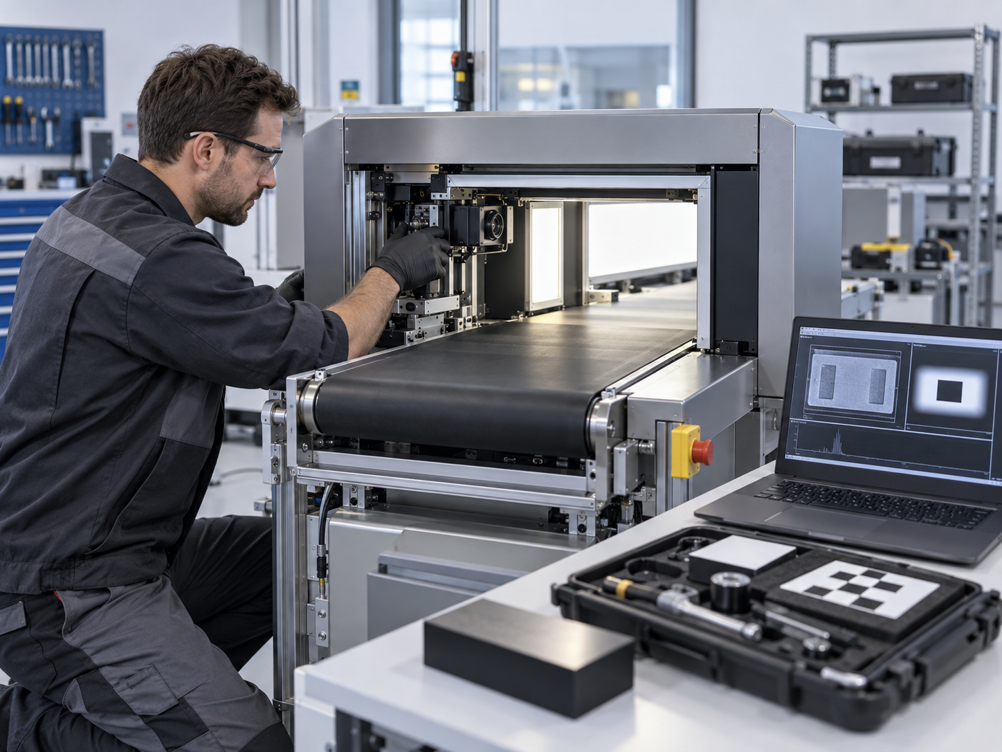 Technician servicing scanning technology in a clean workshop